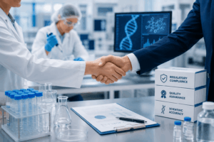Two professionals shake hands in a laboratory, with test tubes, a clipboard, and stacked boxes labeled Regulatory Compliance, Quality Assurance, and Scientific Accuracy in the foreground.