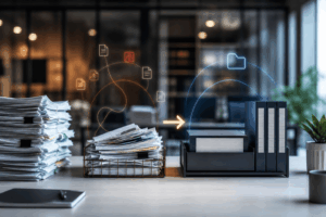 Office desk with tall stacks of paper, a document tray, and a binder organizer; glowing data-transfer icons illustrate digitizing documents.